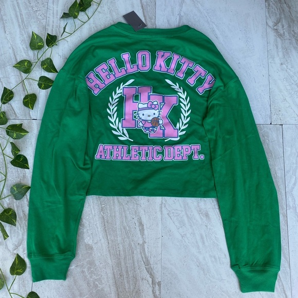 Sanrio Hello Kitty Long Sleeve Shirt MEDIUM Green crop top NWT crew neck 90s NEW - Picture 3 of 10